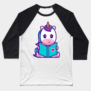 Cute Unicorn Reading Book Cartoon Baseball T-Shirt